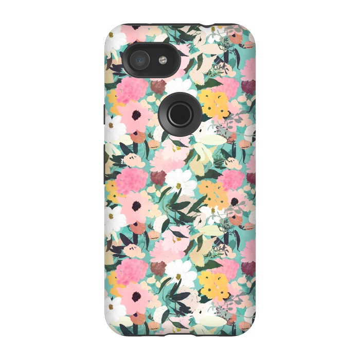 Pixel 3A StrongFit Pretty Watercolor Pink & White Floral Green Design by InovArts