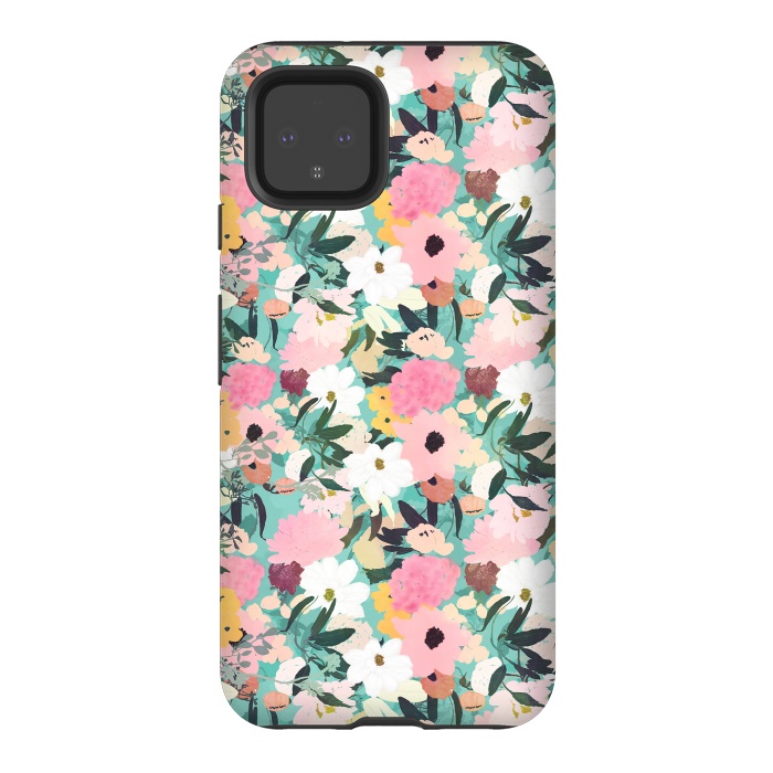 Pixel 4 StrongFit Pretty Watercolor Pink & White Floral Green Design by InovArts