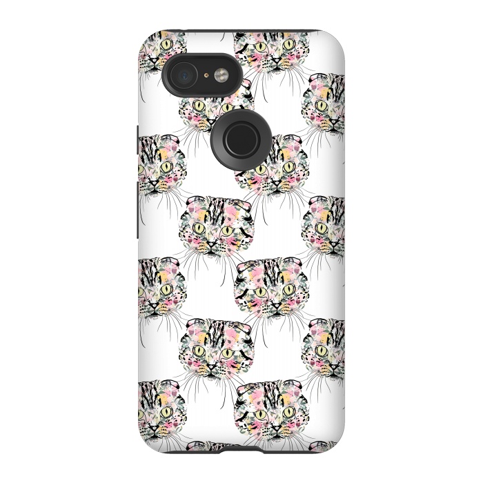 Pixel 3 StrongFit Cute Pink Cat & watercolor flowers Animal Pattern by InovArts