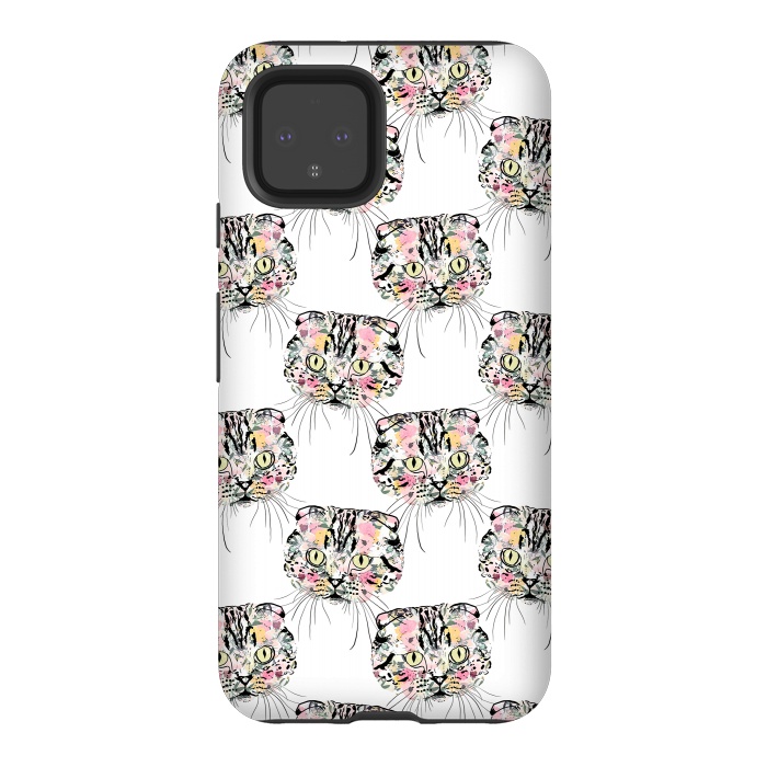 Pixel 4 StrongFit Cute Pink Cat & watercolor flowers Animal Pattern by InovArts