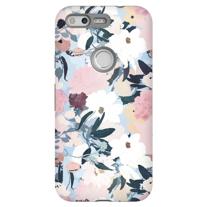 Pixel StrongFit Pretty Grayish Blue Watercolor Pink & White Floral Design by InovArts