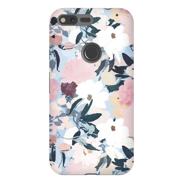 Pixel XL StrongFit Pretty Grayish Blue Watercolor Pink & White Floral Design by InovArts
