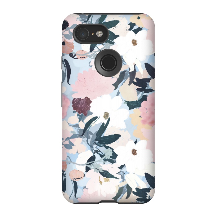 Pixel 3 StrongFit Pretty Grayish Blue Watercolor Pink & White Floral Design by InovArts