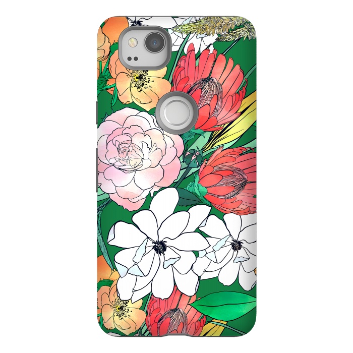 Pixel 2 StrongFit Colorful Hand Drawn Flowers Green Girly Design by InovArts