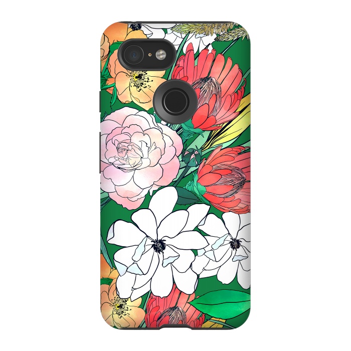Pixel 3 StrongFit Colorful Hand Drawn Flowers Green Girly Design by InovArts