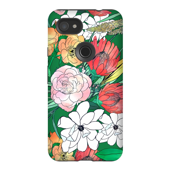 Pixel 3AXL StrongFit Colorful Hand Drawn Flowers Green Girly Design by InovArts