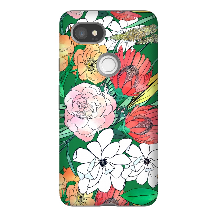 Pixel 2XL StrongFit Colorful Hand Drawn Flowers Green Girly Design by InovArts
