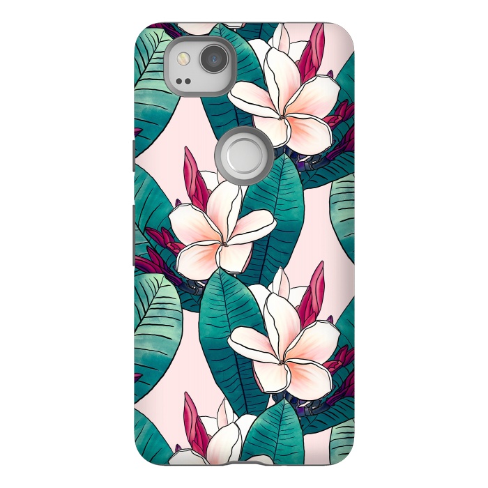Pixel 2 StrongFit Trendy Tropical Plumeria Flowers Green Foliage Design by InovArts