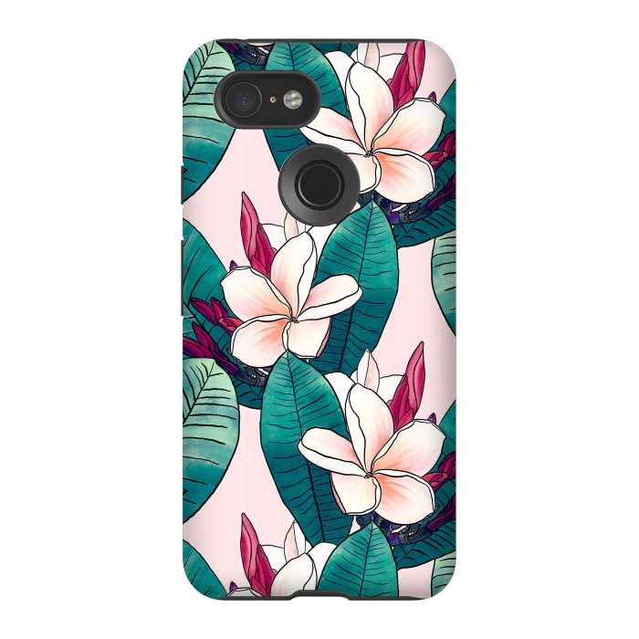 Pixel 3 StrongFit Trendy Tropical Plumeria Flowers Green Foliage Design by InovArts