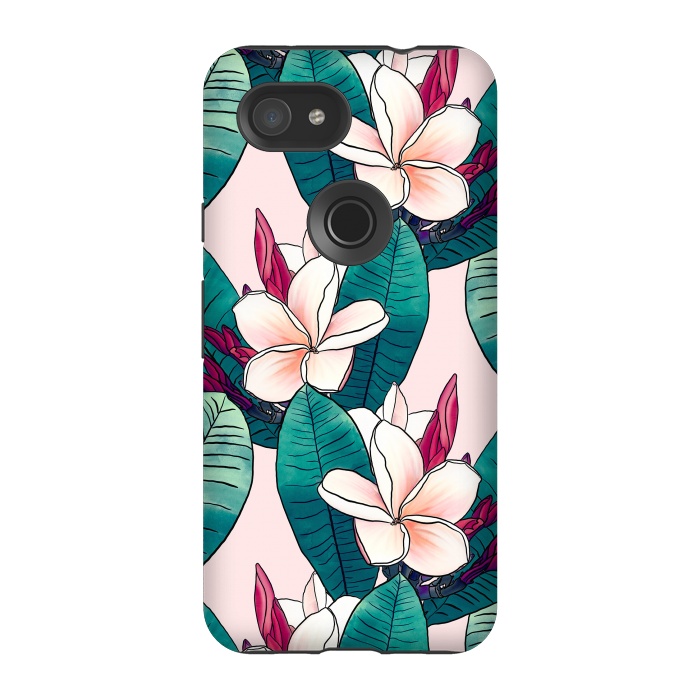 Pixel 3A StrongFit Trendy Tropical Plumeria Flowers Green Foliage Design by InovArts