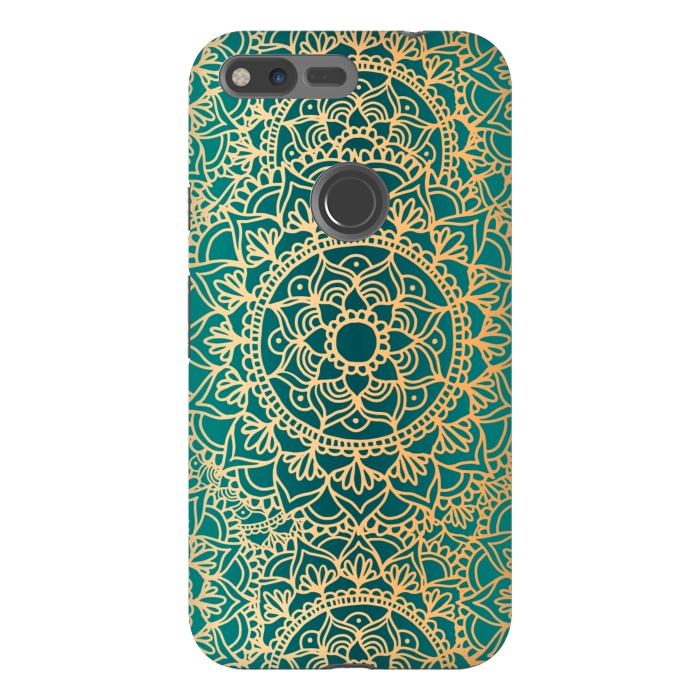 Pixel XL StrongFit Teal Green and Yellow Mandala Pattern by Julie Erin Designs