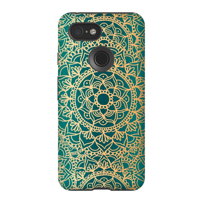 Pixel 3 StrongFit Teal Green and Yellow Mandala Pattern by Julie Erin Designs
