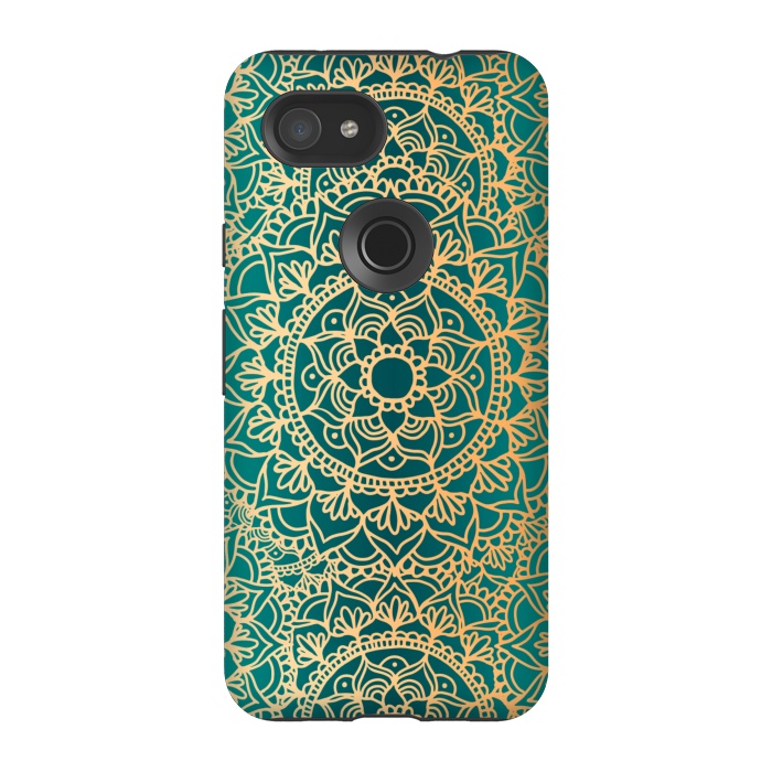 Pixel 3A StrongFit Teal Green and Yellow Mandala Pattern by Julie Erin Designs