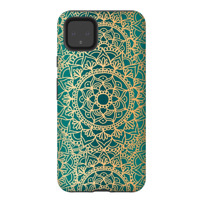 Pixel 4XL StrongFit Teal Green and Yellow Mandala Pattern by Julie Erin Designs