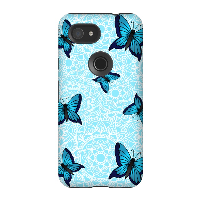 Pixel 3A StrongFit Blue Butterfly Mandala Pattern by Julie Erin Designs