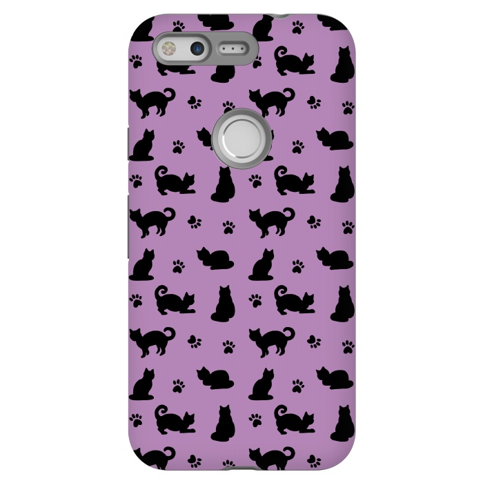Pixel StrongFit Black and Purple Cats and Paw Prints Pattern by Julie Erin Designs