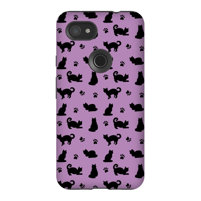 Pixel 3AXL StrongFit Black and Purple Cats and Paw Prints Pattern by Julie Erin Designs