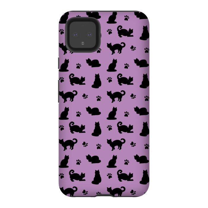 Pixel 4XL StrongFit Black and Purple Cats and Paw Prints Pattern by Julie Erin Designs
