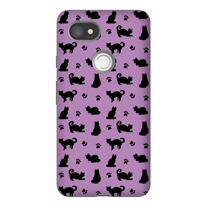 Pixel 2XL StrongFit Black and Purple Cats and Paw Prints Pattern by Julie Erin Designs