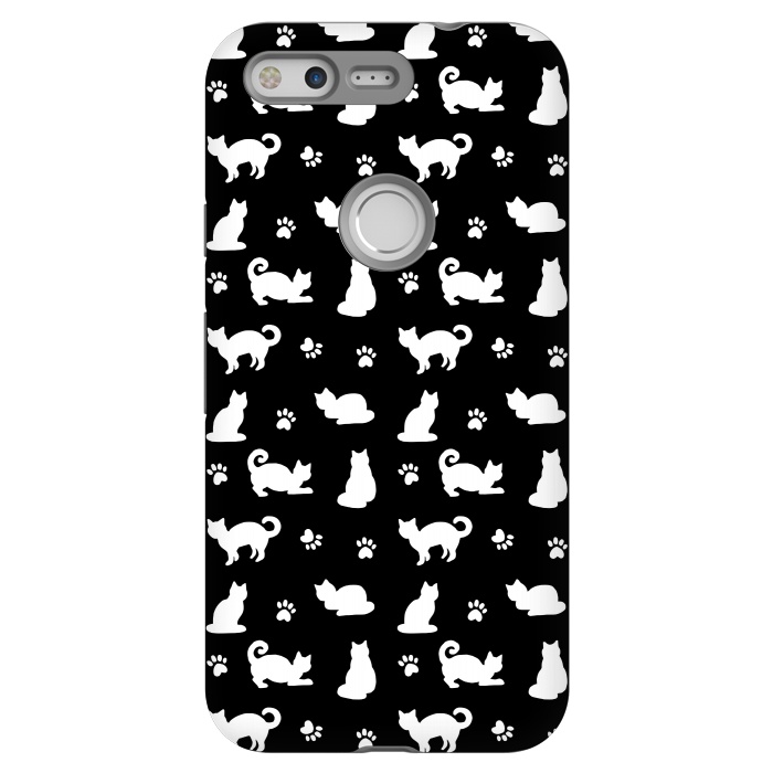Pixel StrongFit Black and White Cats and Paw Prints Pattern by Julie Erin Designs