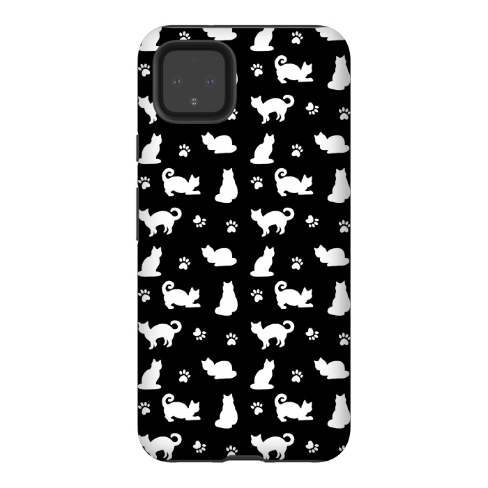 Pixel 4XL StrongFit Black and White Cats and Paw Prints Pattern by Julie Erin Designs