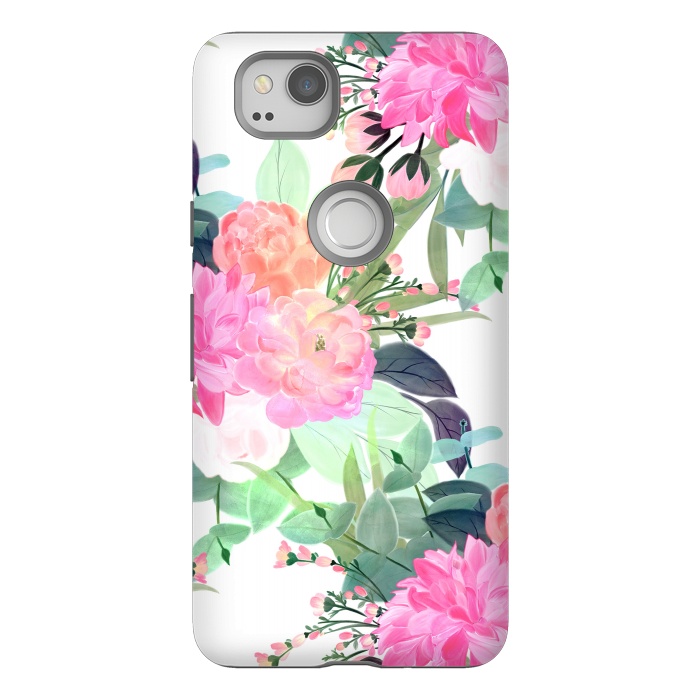 Pixel 2 StrongFit Girly Pink & White Flowers Watercolor Paint by InovArts