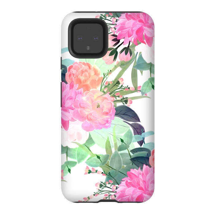 Pixel 4 StrongFit Girly Pink & White Flowers Watercolor Paint by InovArts