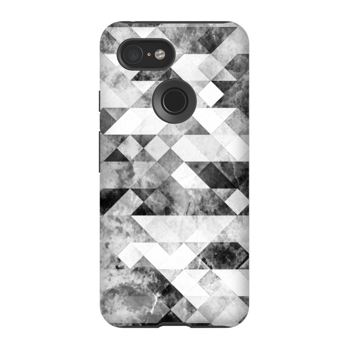 Pixel 3 StrongFit Black and white textured marble triangles by Oana 