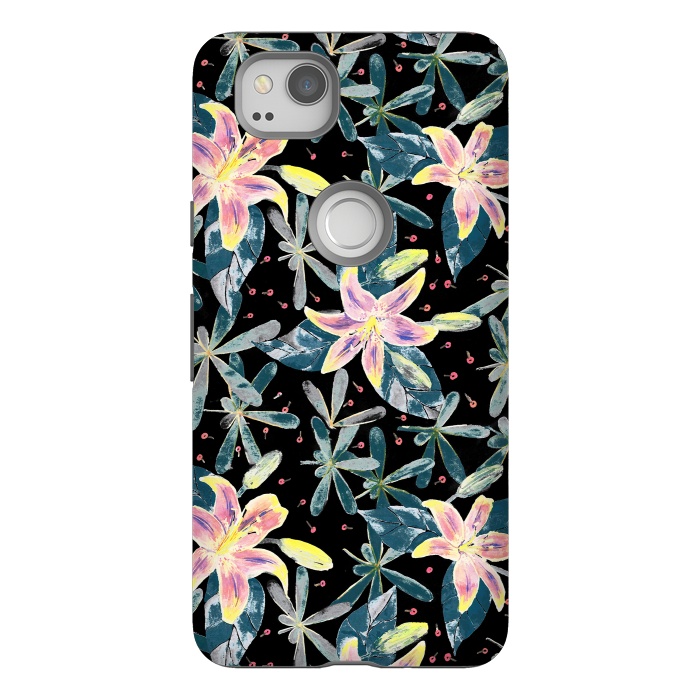 Pixel 2 StrongFit Painted flowers and tropical leaves - dark green by Oana 