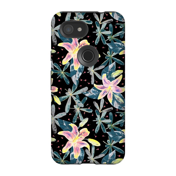 Pixel 3A StrongFit Painted flowers and tropical leaves - dark green by Oana 