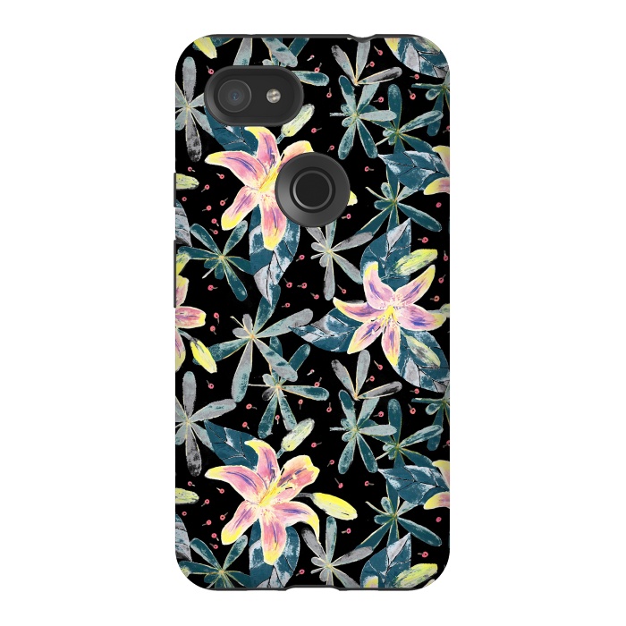 Pixel 3AXL StrongFit Painted flowers and tropical leaves - dark green by Oana 