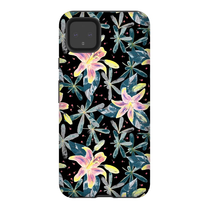 Pixel 4XL StrongFit Painted flowers and tropical leaves - dark green by Oana 