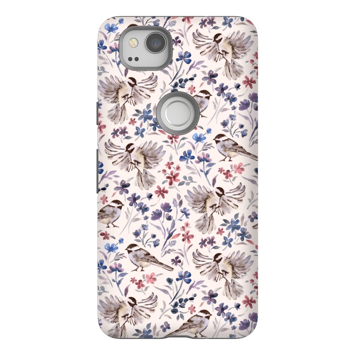 Pixel 2 StrongFit Chickadees and Wildflowers on Cream by Micklyn Le Feuvre
