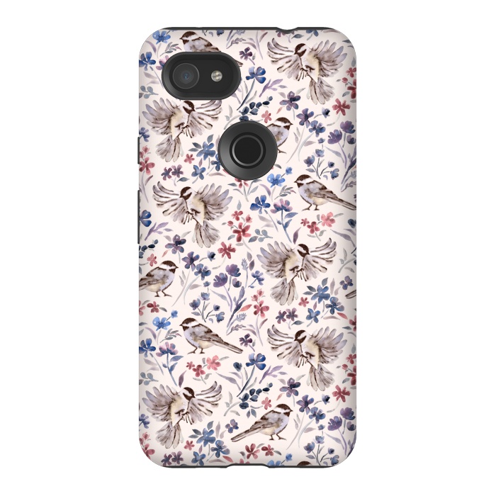 Pixel 3AXL StrongFit Chickadees and Wildflowers on Cream by Micklyn Le Feuvre
