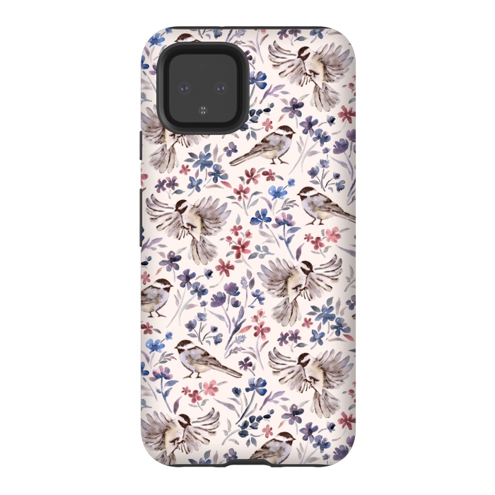 Pixel 4 StrongFit Chickadees and Wildflowers on Cream by Micklyn Le Feuvre