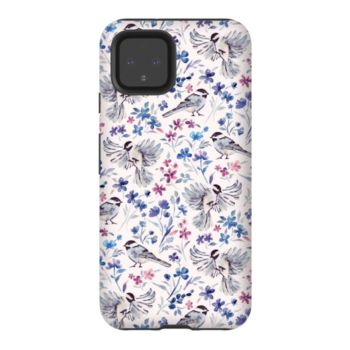 Pixel 4 StrongFit Chickadees and Wildflowers in lavender blues on cream by Micklyn Le Feuvre