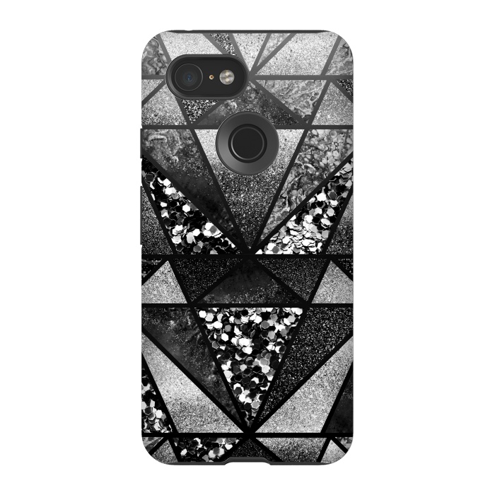 Pixel 3 StrongFit Black and silver glitter sparkle triangles by Oana 