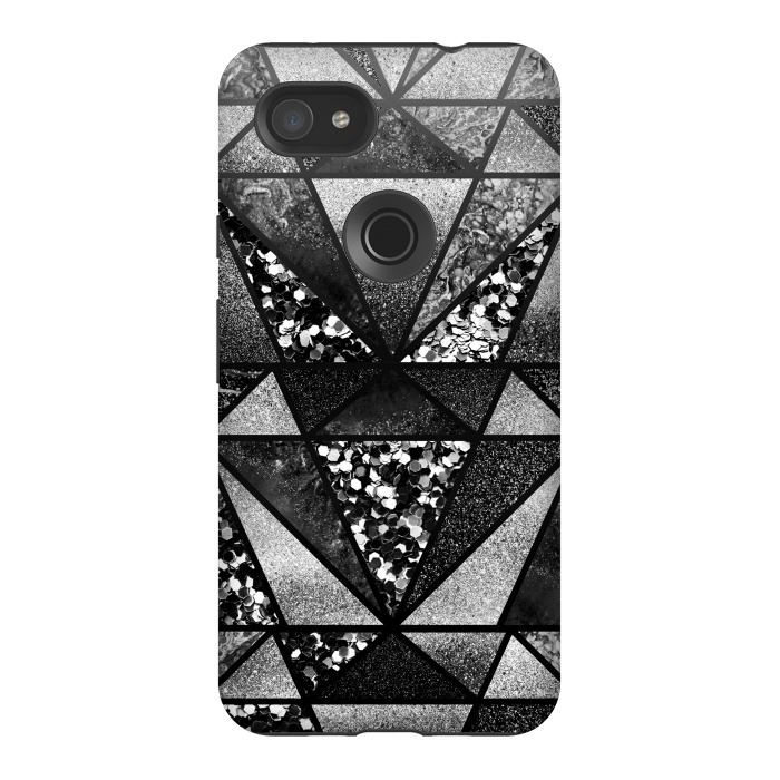 Pixel 3AXL StrongFit Black and silver glitter sparkle triangles by Oana 