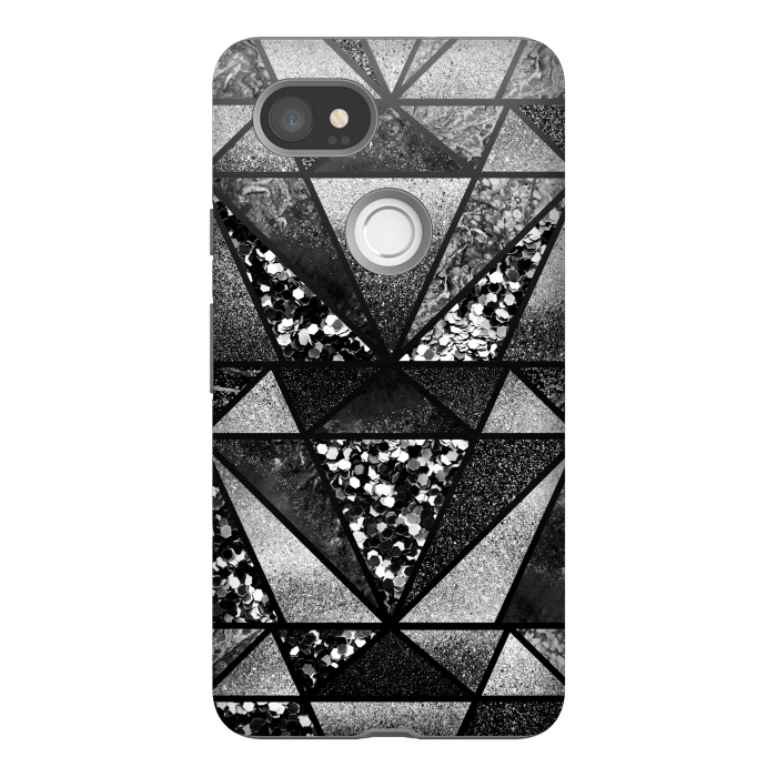Pixel 2XL StrongFit Black and silver glitter sparkle triangles by Oana 