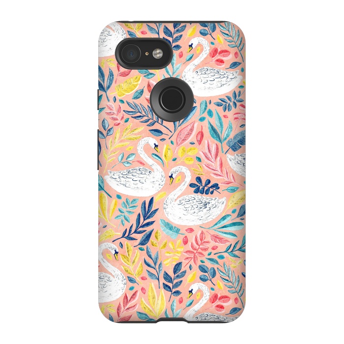 Pixel 3 StrongFit Whimsical White Swans and Colorful Leaves on Pale Peach Pink by Micklyn Le Feuvre