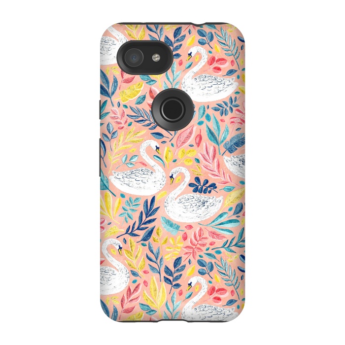 Pixel 3A StrongFit Whimsical White Swans and Colorful Leaves on Pale Peach Pink by Micklyn Le Feuvre