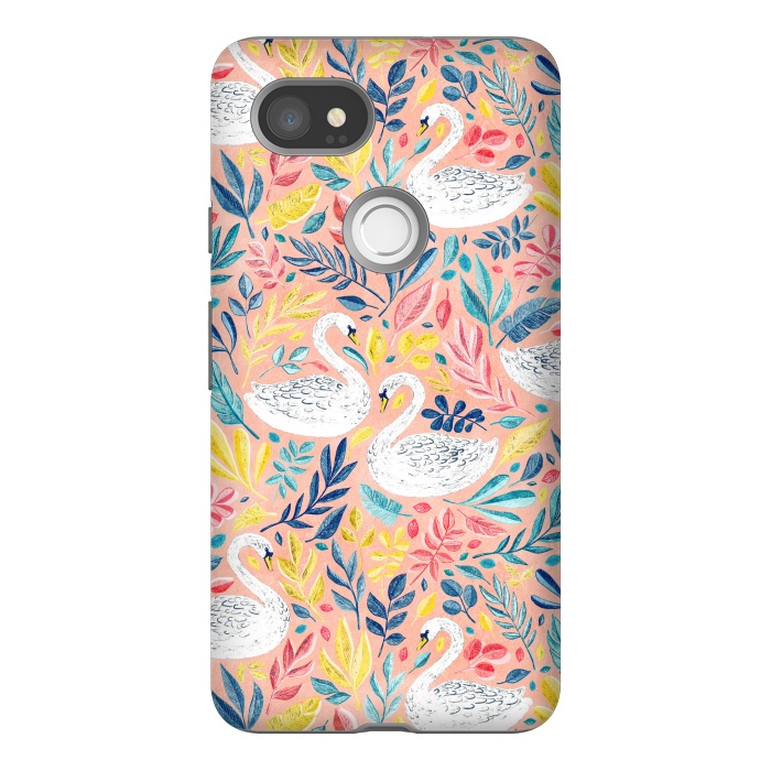 Pixel 2XL StrongFit Whimsical White Swans and Colorful Leaves on Pale Peach Pink by Micklyn Le Feuvre