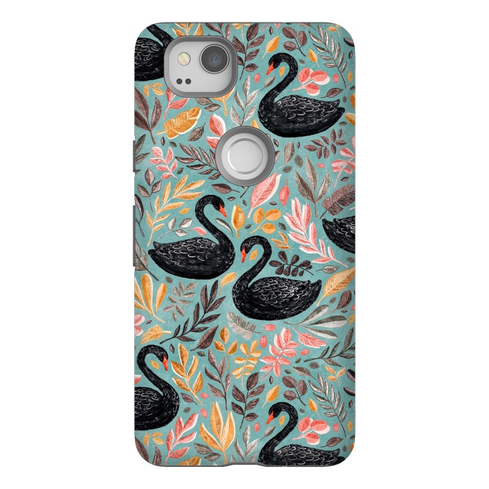 Pixel 2 StrongFit Bonny Black Swans with Autumn Leaves on Sage by Micklyn Le Feuvre