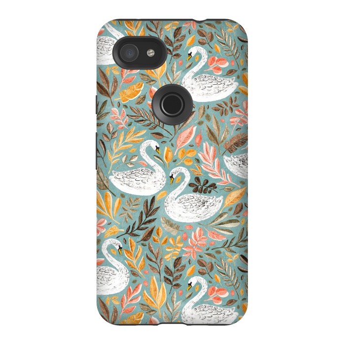 Pixel 3AXL StrongFit Whimsical White Swans with Autumn Leaves on Sage by Micklyn Le Feuvre