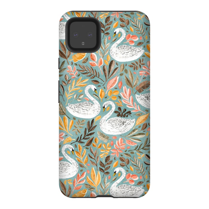 Pixel 4XL StrongFit Whimsical White Swans with Autumn Leaves on Sage by Micklyn Le Feuvre