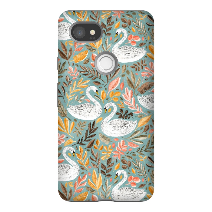 Pixel 2XL StrongFit Whimsical White Swans with Autumn Leaves on Sage by Micklyn Le Feuvre