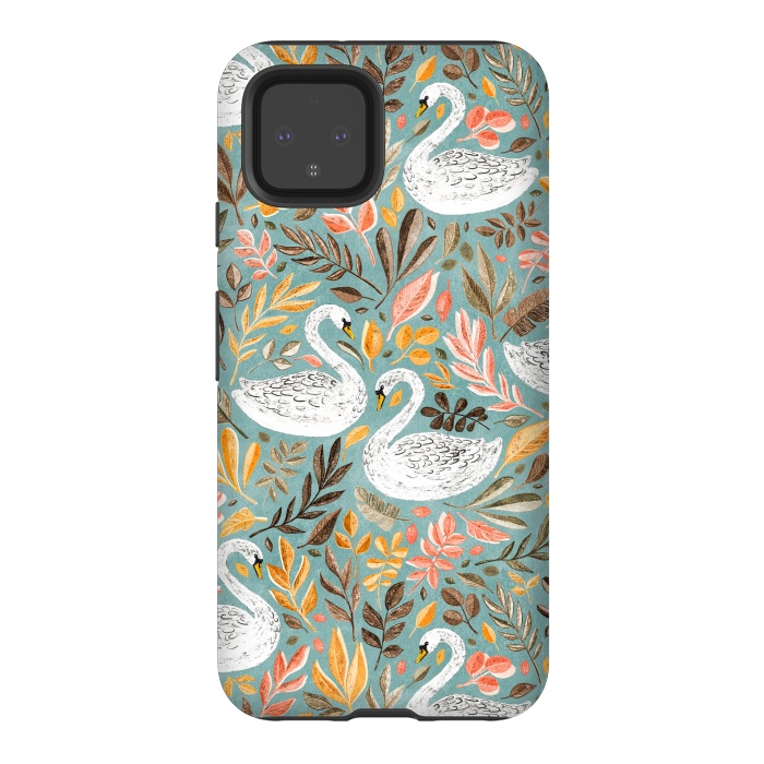 Pixel 4 StrongFit Whimsical White Swans with Autumn Leaves on Sage by Micklyn Le Feuvre