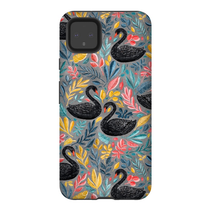 Pixel 4XL StrongFit Bonny Black Swans with Lots of Leaves on Grey by Micklyn Le Feuvre