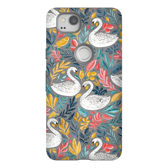 Pixel 2 StrongFit Whimsical White Swans with Lots of Leaves on Grey by Micklyn Le Feuvre