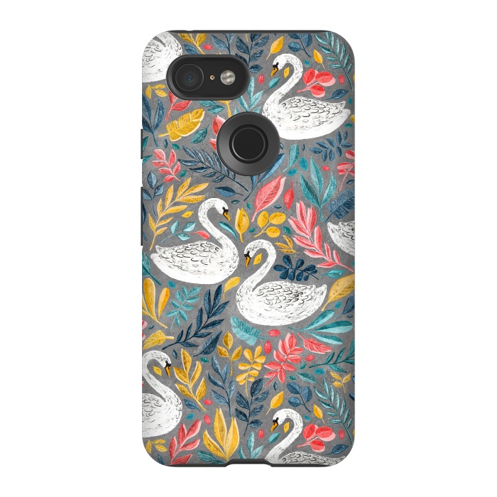 Pixel 3 StrongFit Whimsical White Swans with Lots of Leaves on Grey by Micklyn Le Feuvre